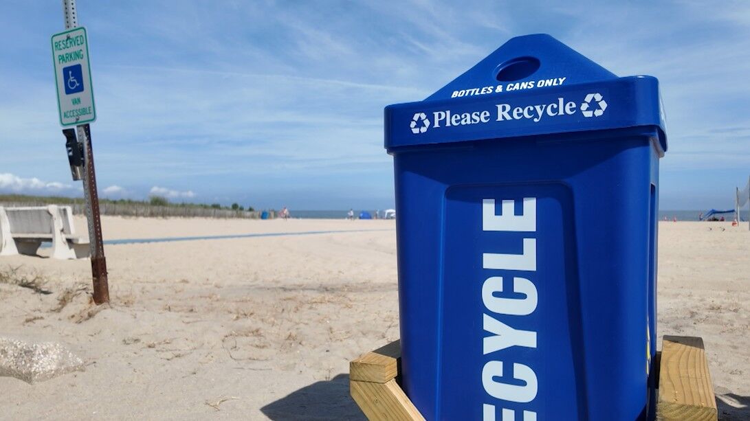 One of the two new recycle bins at Johnnie Walker Beach